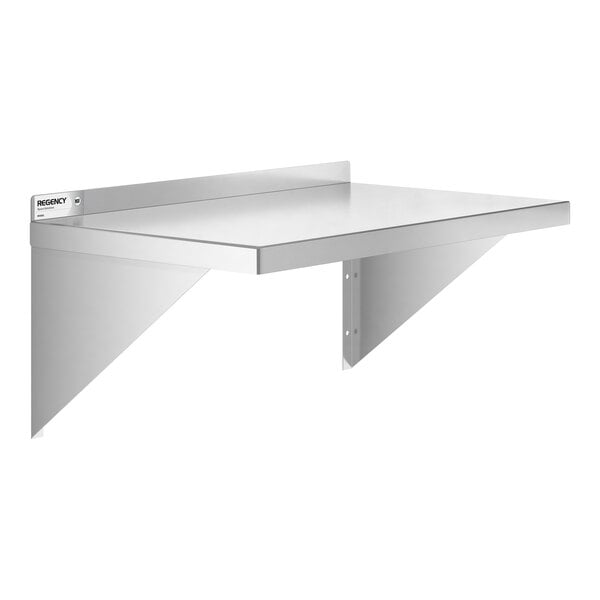 A metal wall-mounted shelf with triangular support brackets and a raised back edge.