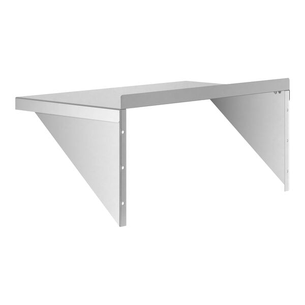 A metal wall shelf with two triangular side supports and a flat rectangular surface.