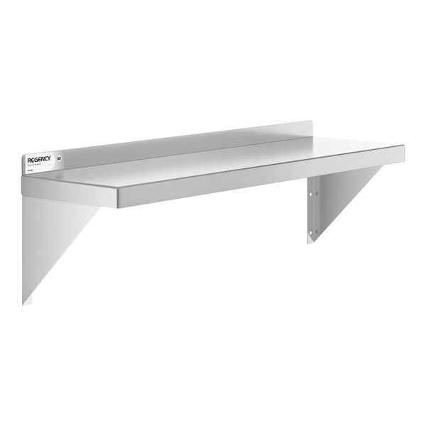 A metal wall-mounted shelf with a flat surface, a rear backsplash, and two triangular support brackets.