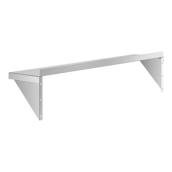 A metal wall-mounted shelf with triangular support brackets on each end.