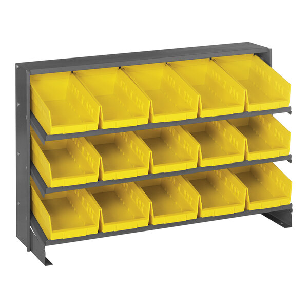 A Quantum yellow bench-style storage rack with yellow bins on shelves.