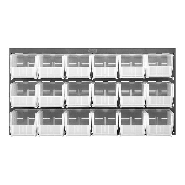 A gray Quantum louvered panel with clear plastic bins on it.
