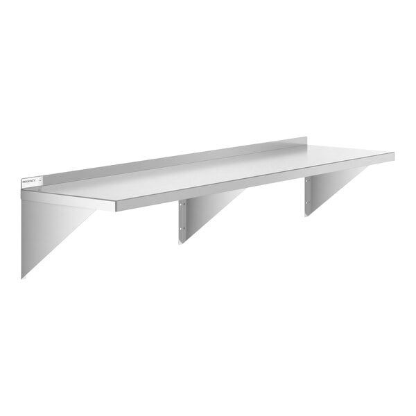 A stainless steel solid wall shelf with three triangular supports and a raised back edge.