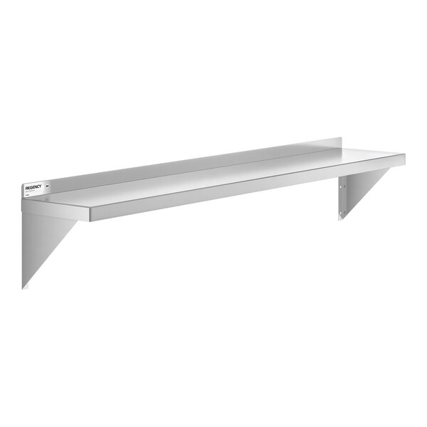 A long, rectangular stainless steel wall shelf with two triangular brackets for support.