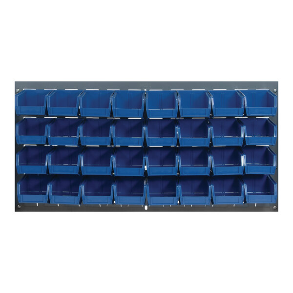 A Quantum gray steel louvered panel with blue plastic bins.