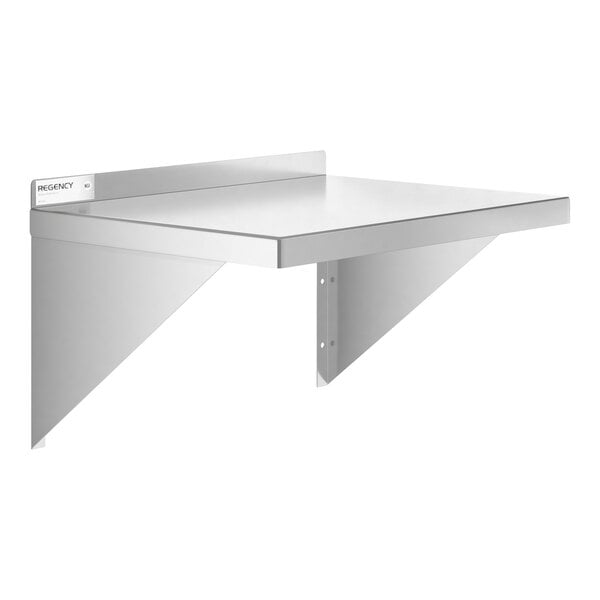 A stainless steel solid wall shelf with triangular support brackets.