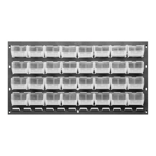 A Quantum gray louvered panel with clear plastic bins on it.