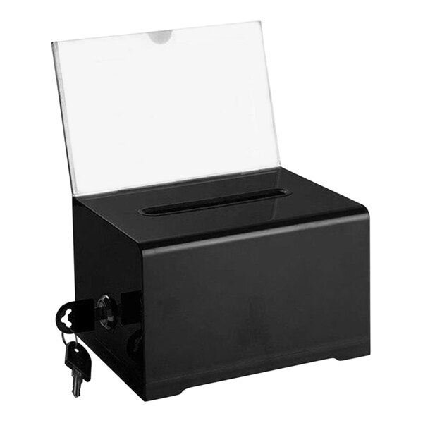 A black ADIRoffice suggestion box with a key and keyhole.