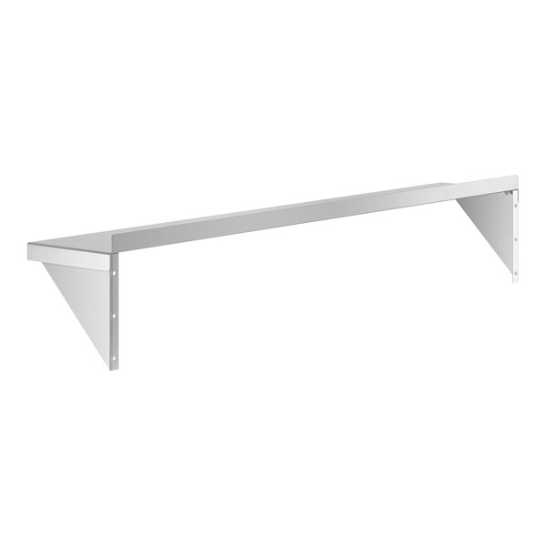 A metal wall shelf with two triangular brackets supporting a long, rectangular flat surface.