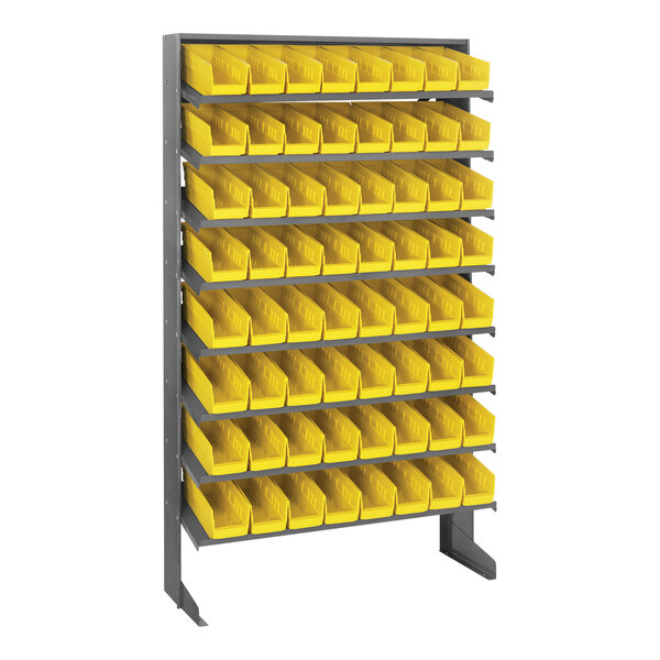 A Quantum metal rack with 8 yellow bins on it.