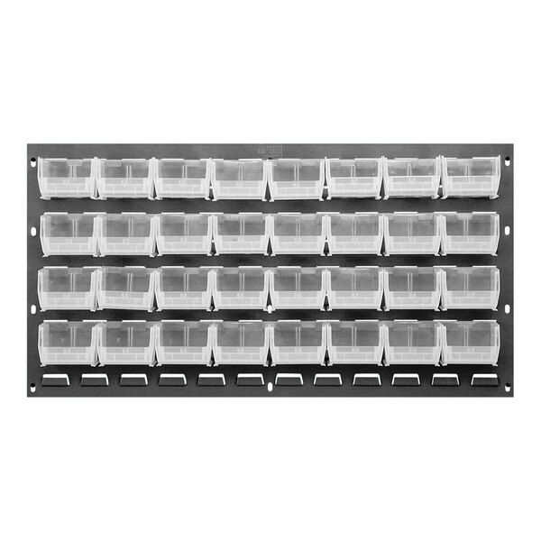 A Quantum gray louvered panel with clear plastic bins on it.