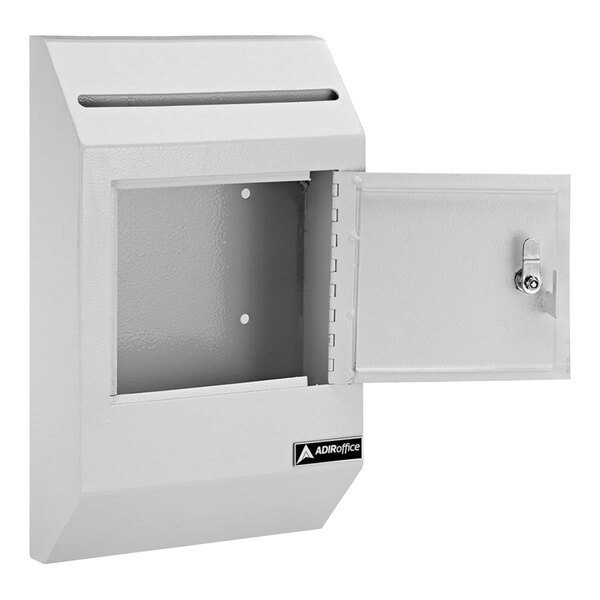 A white metal outdoor wall mounted drop box with a door open.