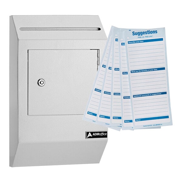 A white steel wall mounted drop box with a paper holder.