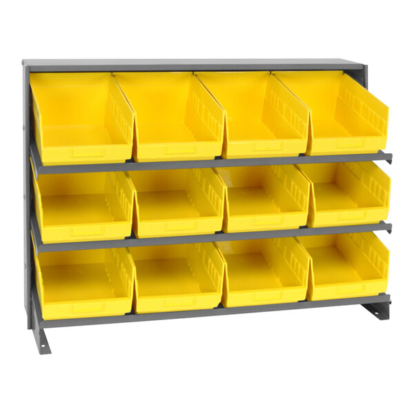 A Quantum 3-shelf metal pick rack with yellow bins.
