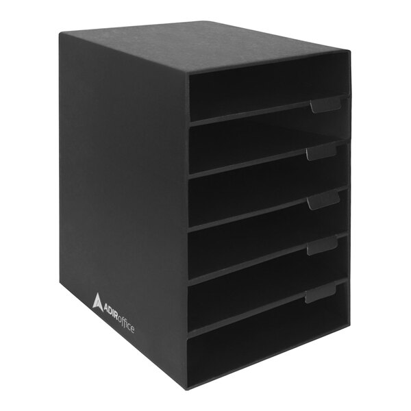 A black foldable literature organizer with six compartments.