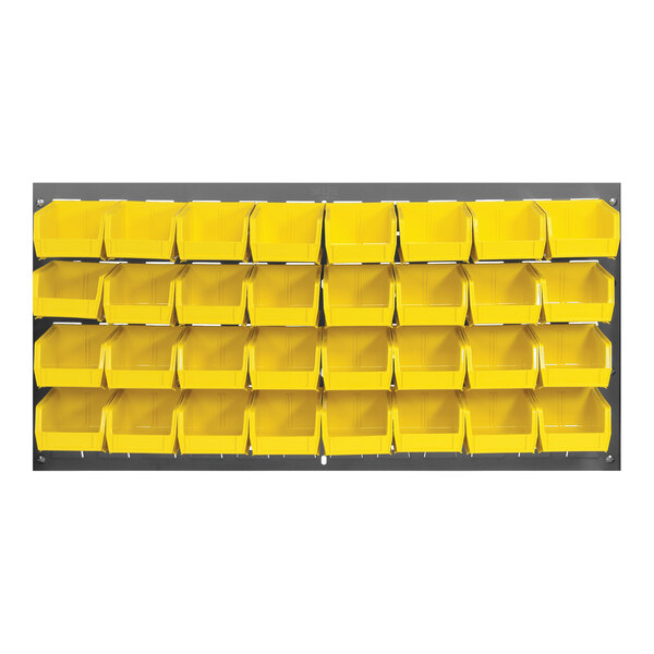 A Quantum louvered panel with yellow bins on a wall.