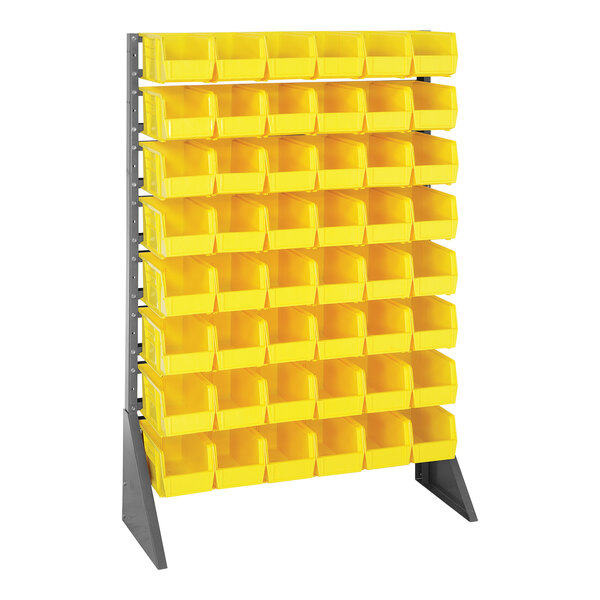 A Quantum gray steel rack with yellow bins on it.