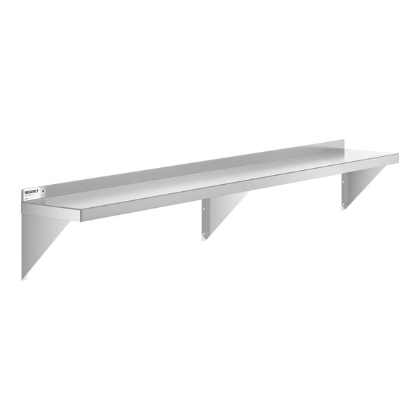 A long, wall-mounted metal shelf with three triangular support brackets and a raised back edge.