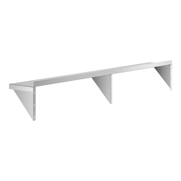 A long, rectangular metal wall shelf with three triangular support brackets.