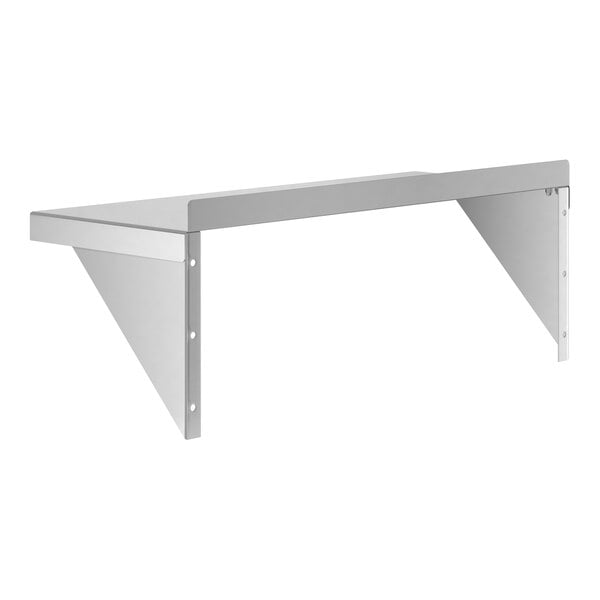 A metal wall shelf with two triangular support brackets and a flat rectangular surface.