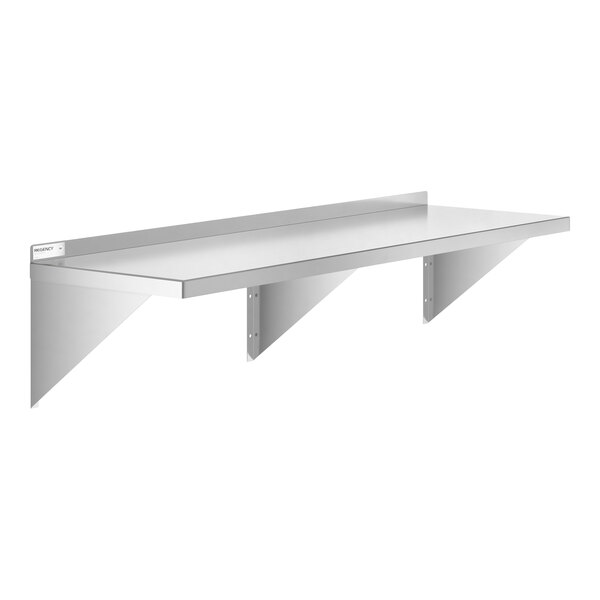 A stainless steel solid wall shelf with triangular supports and a raised back edge.