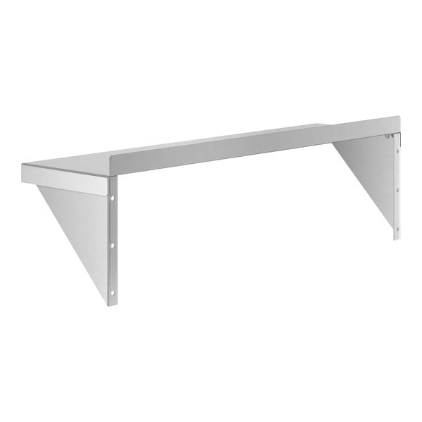 A metal wall shelf with two triangular support brackets and a flat rectangular surface.