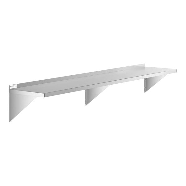 A long stainless steel wall shelf with three supporting brackets.