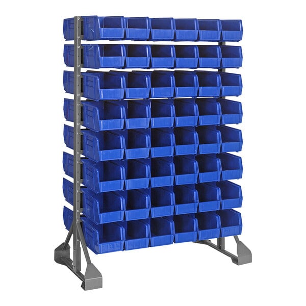 A Quantum steel rack with blue bins on it.