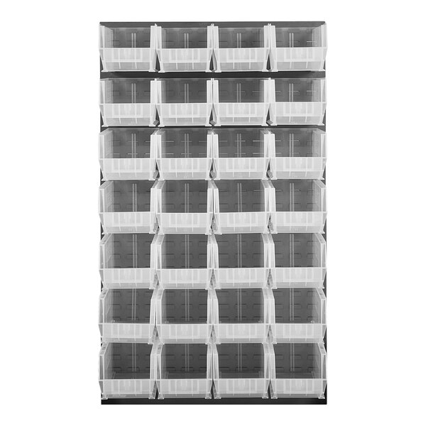 A Quantum gray steel louvered panel with clear plastic bins attached.