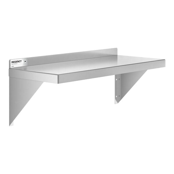 A metal wall-mounted shelf with two triangular support brackets and a raised back edge.