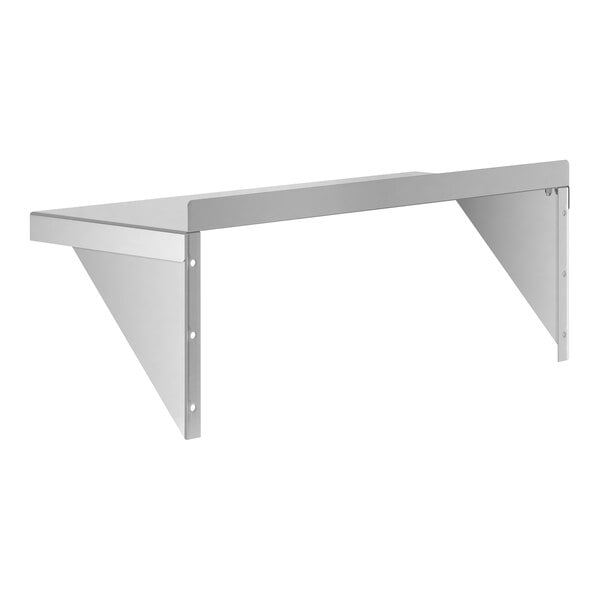 A metal wall shelf with two triangular brackets supporting a flat rectangular surface.