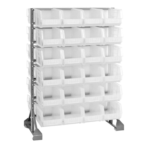 A Quantum gray steel double-sided rack with clear plastic bins on white rails.