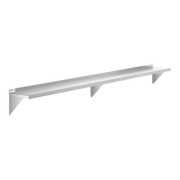 A long, wall-mounted metal shelf with three triangular brackets for support.