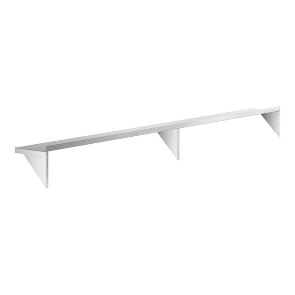 A long, rectangular metal wall shelf with three triangular support brackets.