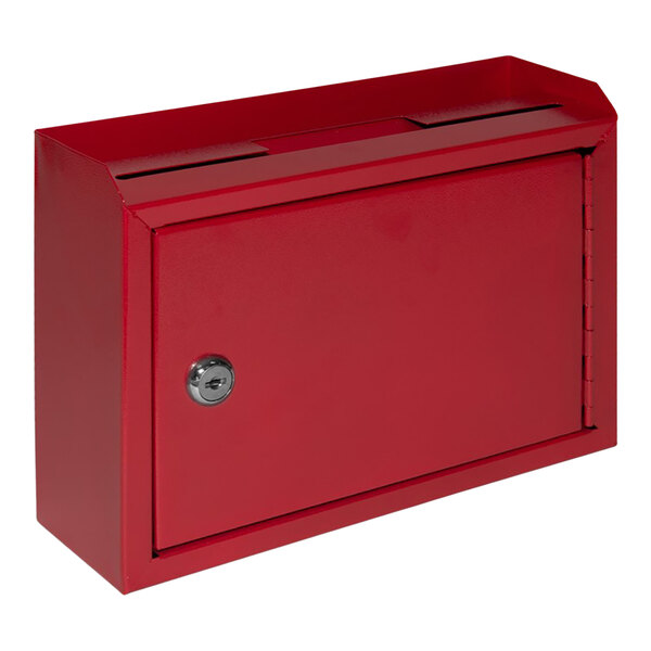 A red steel wall mounted suggestion box with a keyhole.