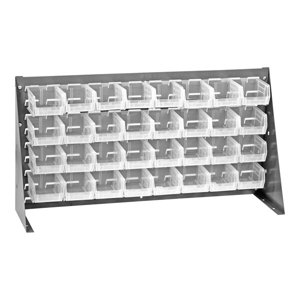 A gray Quantum steel bench rack with clear plastic bins on the shelves.