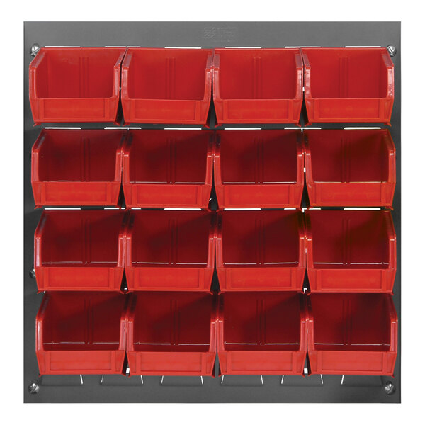 A gray Quantum louvered panel with 16 red plastic bins.