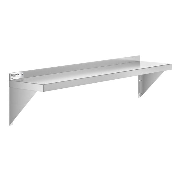 A metal wall-mounted shelf with triangular supports and a raised back edge.