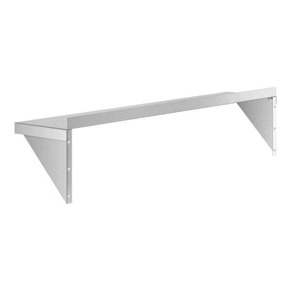 A metal wall shelf with two triangular brackets for support.