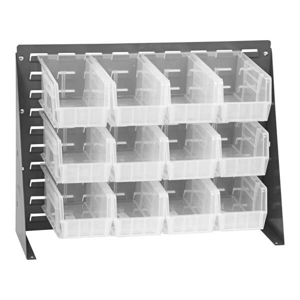 A Quantum gray steel bench rack with clear plastic bins on it.