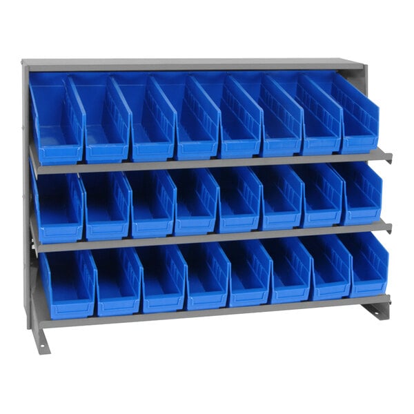 A Quantum blue 3-shelf bench-style storage rack with blue bins on it.