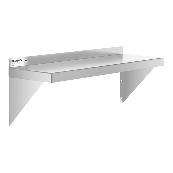A metal wall-mounted shelf with two triangular supports and a raised back edge.