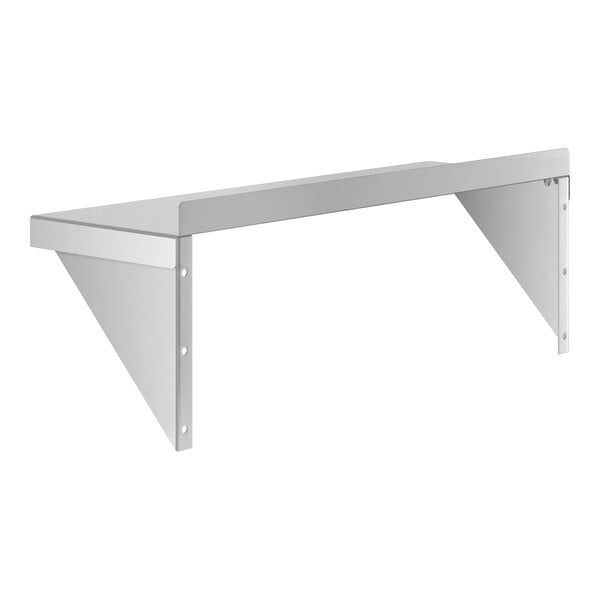 A metal wall-mounted shelf with two triangular brackets for support.