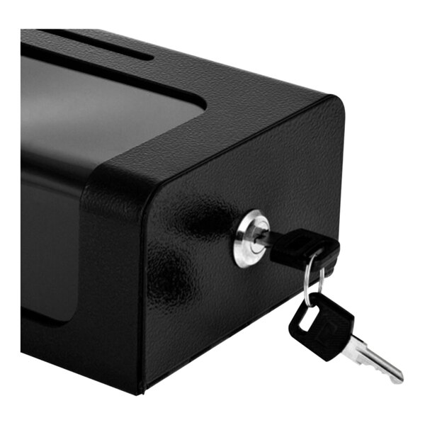 A black ADIRoffice steel donation/suggestion box with a key in the lock.