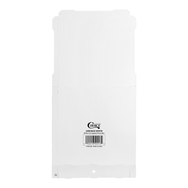 A white rectangular pizza box with black text and a barcode.