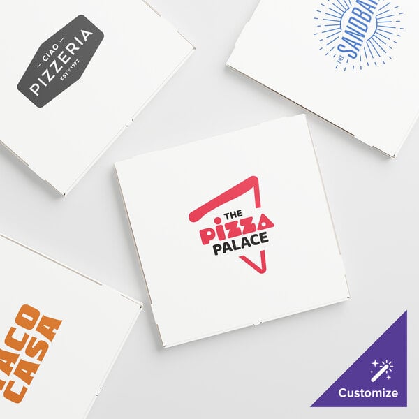 A group of white Choice customizable corrugated pizza boxes with different logos on them.