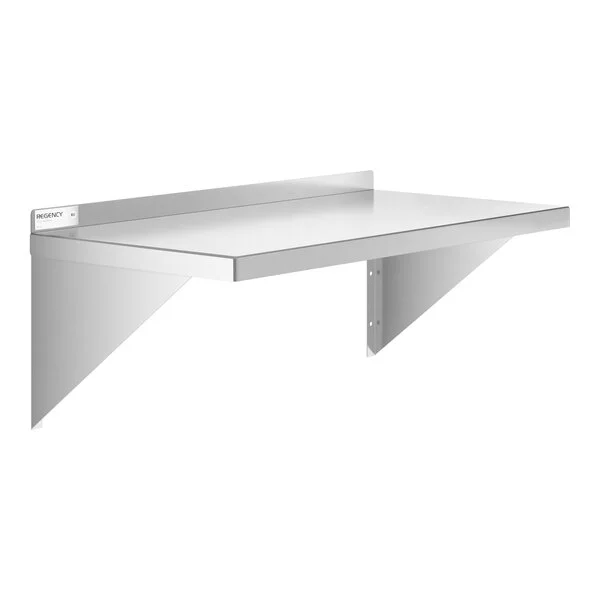 A stainless steel solid wall shelf with triangular supports and a backsplash, measuring 18 by 36 inches.