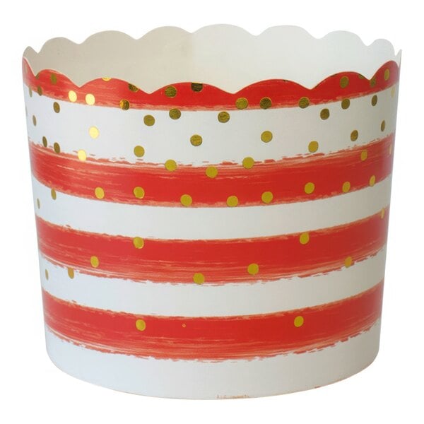A red and white striped Sophistiplate baking cup with gold dots.