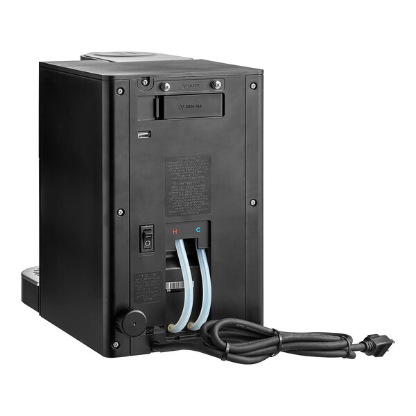 A black rectangular Keurig K-2500 Plumbed Commercial Single Serve Pod Coffee Maker with a cord.