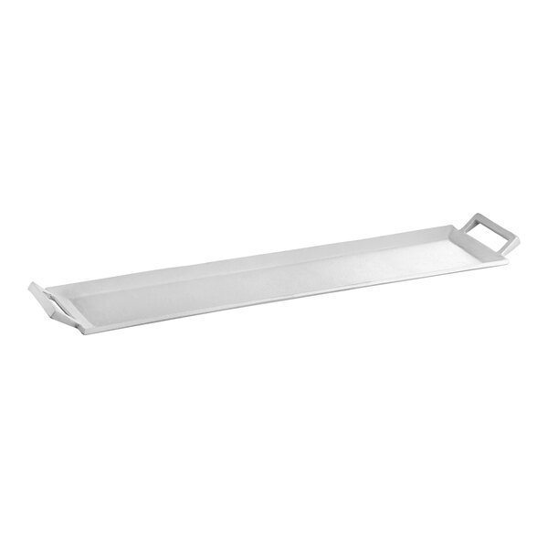 A white rectangular Bon Chef aluminum serving tray with handles.